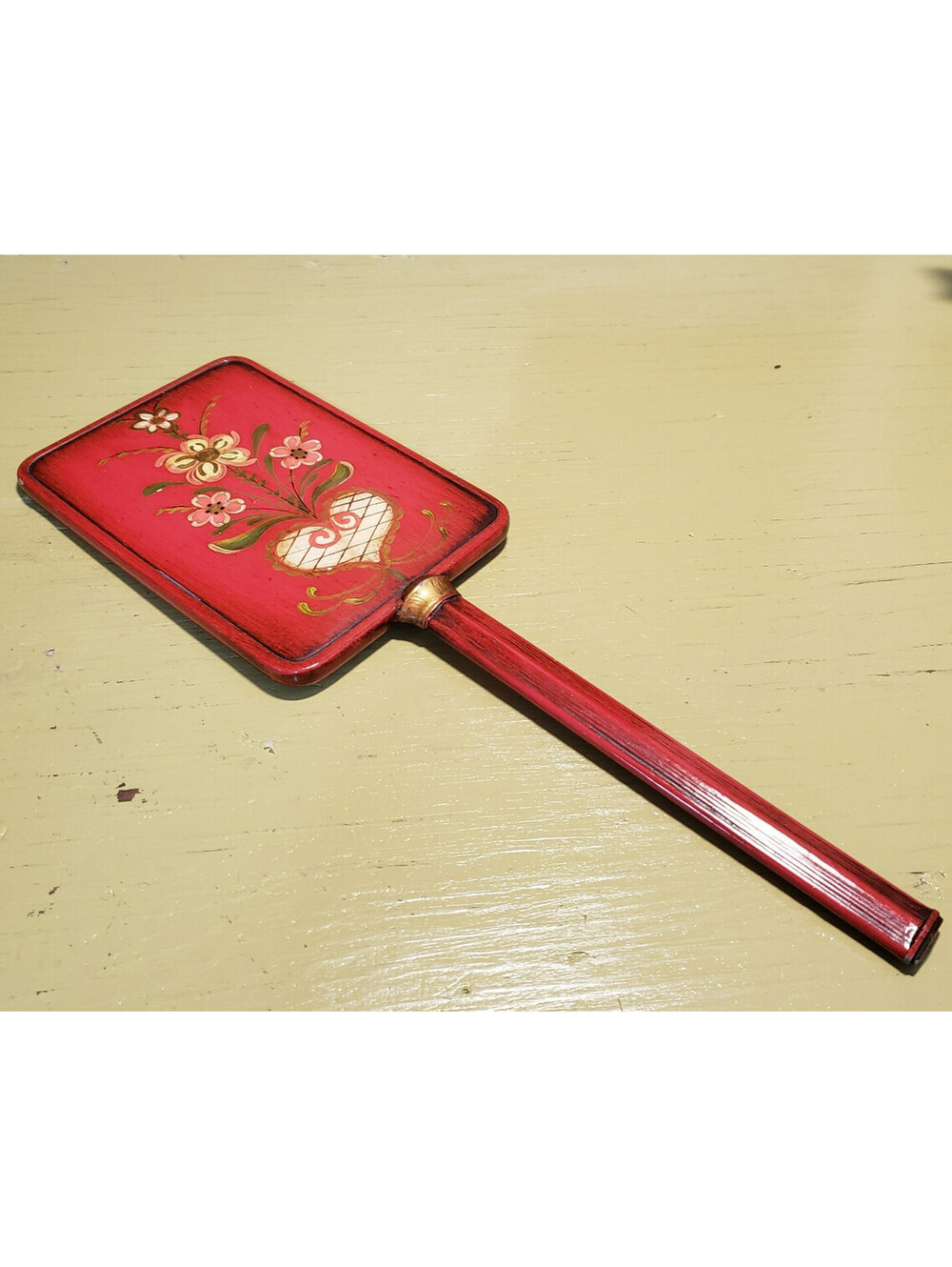 Vintage Tole Painted Hand Held Mirror Red Flowers Heart Metal Vanity